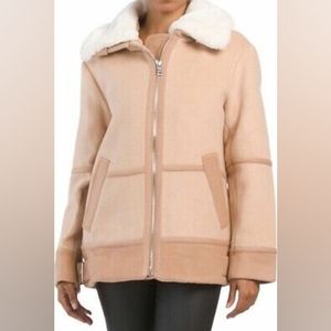 Elie Tahari faux fur detachable collar wool jacket adjustable buckles size L NWT